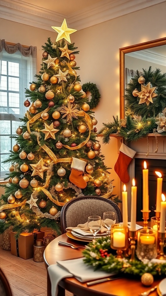 A luxurious Christmas tree with gold decorations in a cozy living room setting.